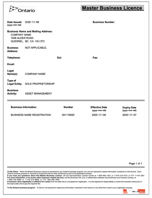 Canada Ontario master business licence Word and PDF template